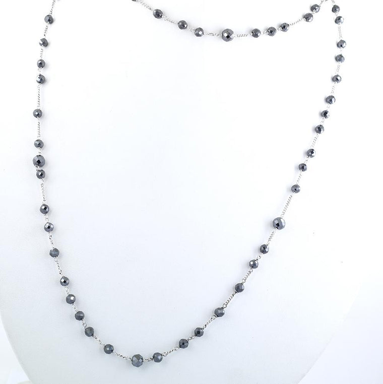 Certified AAA 2mm-2.5mm Black Diamond Faceted Beads Chain Long Necklace hotsell in Sterling Silver Wire-Free diamond Studs